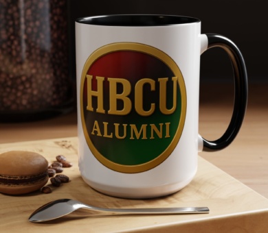 HBCU Alumni Accent Coffee Mug — Black Interior & Handle, Pan-African Color Crest (11oz or 15oz)